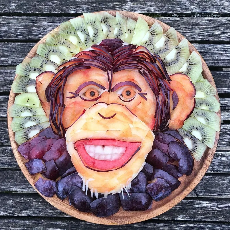 Creative breakfast plates with fruit and veggie characters